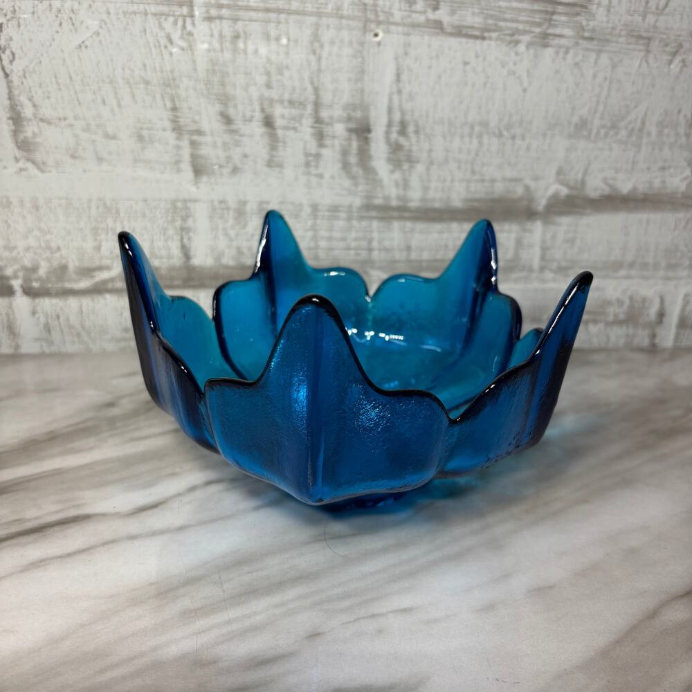 Vintage Blue Viking Glass Five Point Lotus Flower Bowl